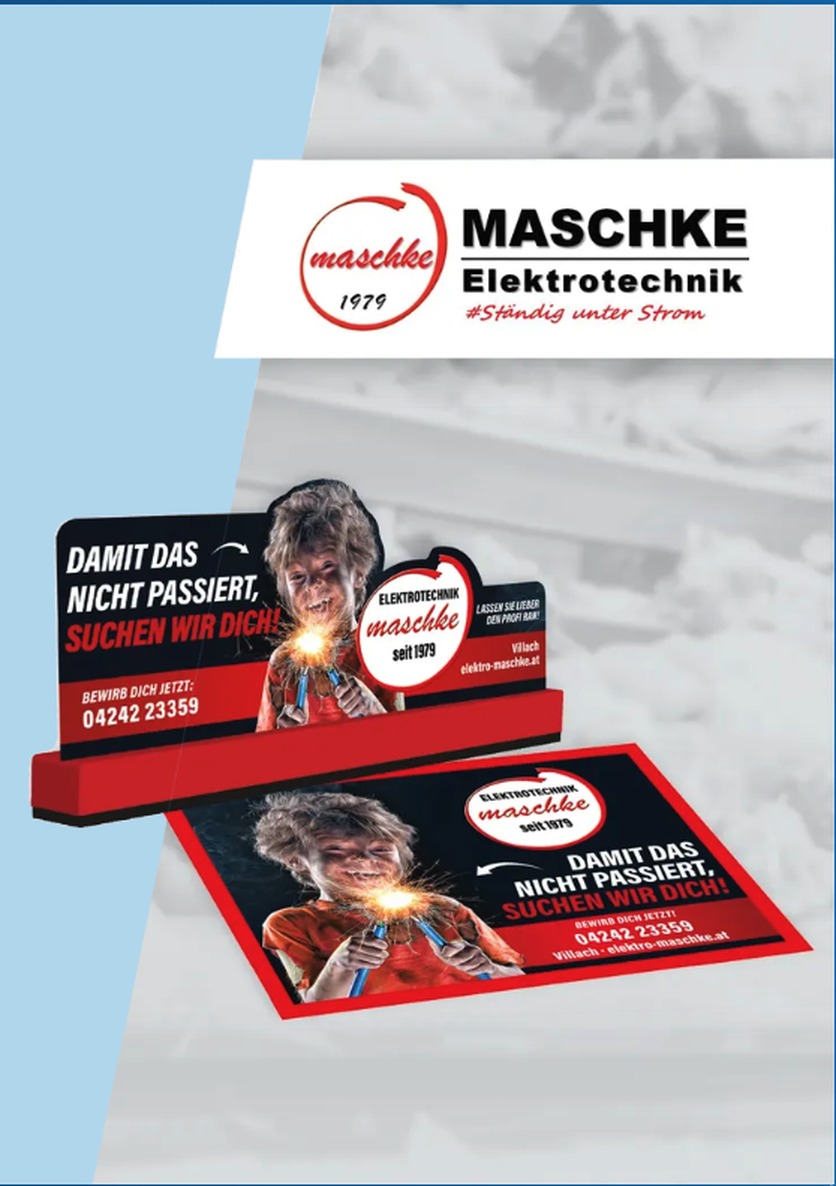 Recruiting-Werbemittel im Supermarkt: Cash-Poster, Trennstab und Einkaufswagen-Werbung von maschke Elektrotechnik