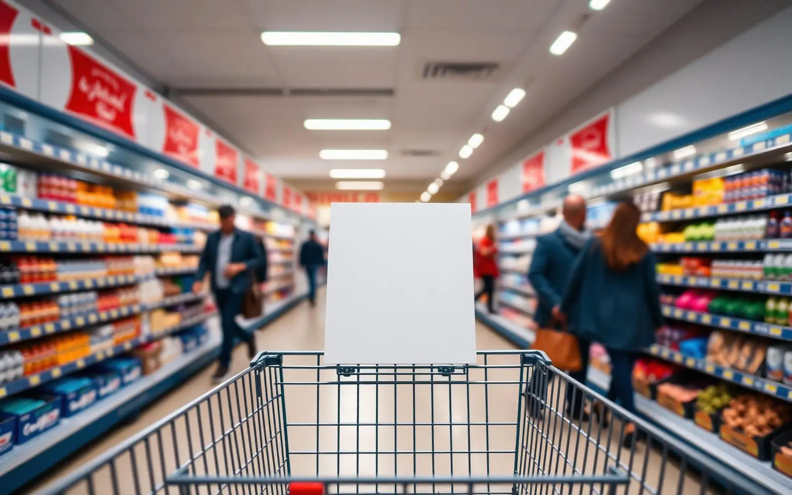 Einkaufswagen mit Werbefläche in einem Supermarkt